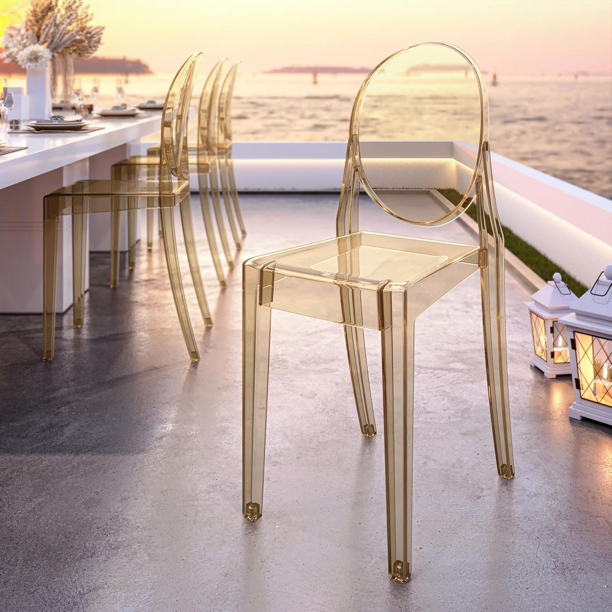 Ghost Chairs, Stackable Acrylic Event Chairs, Set of 4, Amber