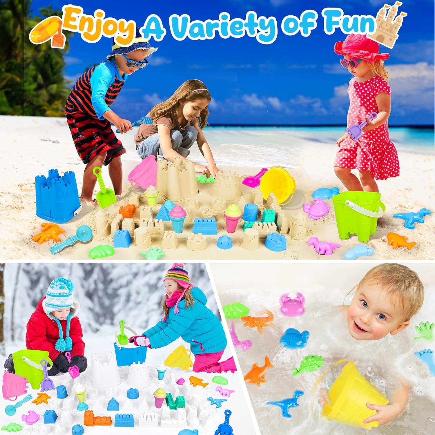Beach Toys for Kids Toddlers, Sand Castle Toys with 4 Sand Bucket and Shovels, Mesh Bag & Molds, Ice Cream Travel