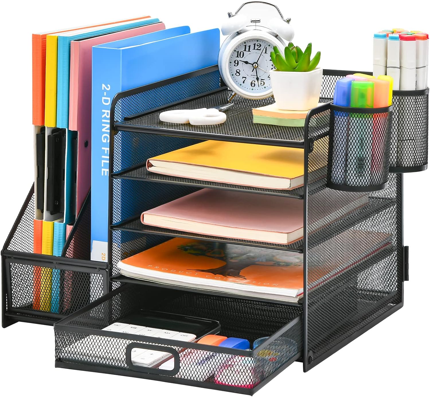 Desk Organizer with File Holder, 5-Tier Paper Letter Tray Organizer with Drawer and 2 Pen Holder, Mesh Desktop
