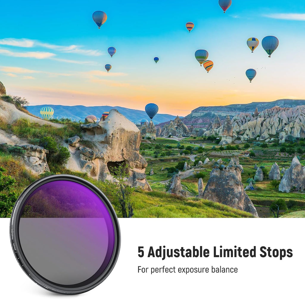 62mm Variable ND Filter with Lens Cap, Cleaning Cloth, ND2-32 (1-5 Stops) Precise Neutral Density Adjustment