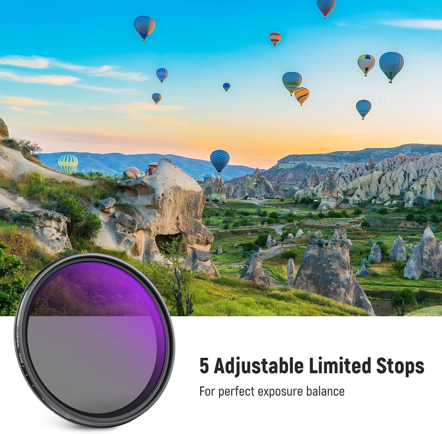 62mm Variable ND Filter with Lens Cap, Cleaning Cloth, ND2-32 (1-5 Stops) Precise Neutral Density Adjustment