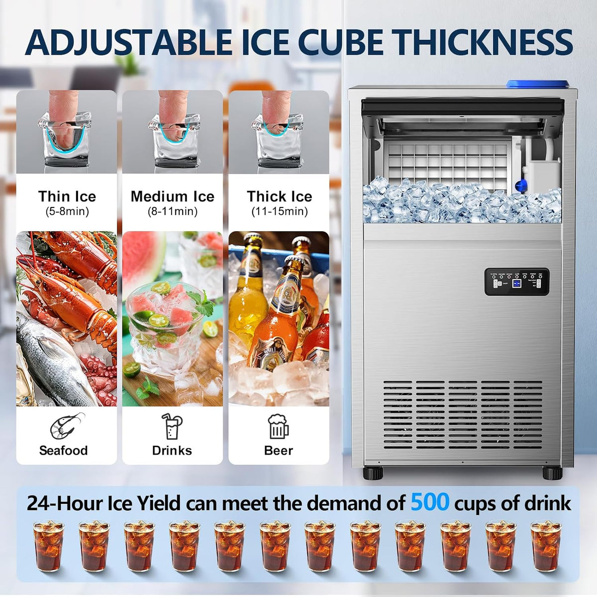 Commercial Ice Maker Machine 150LBS/24H,45Lbs Storage,2 Water Inlet Modes