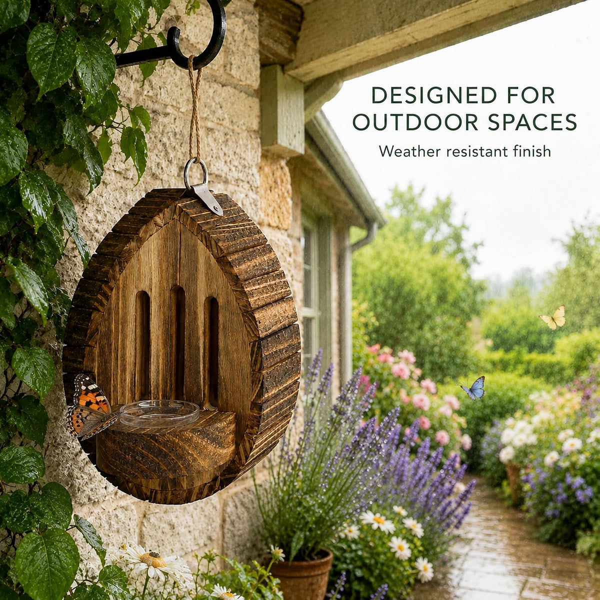 Wood Butterfly House for Outside Teardrop Habitat with Removable Feeder