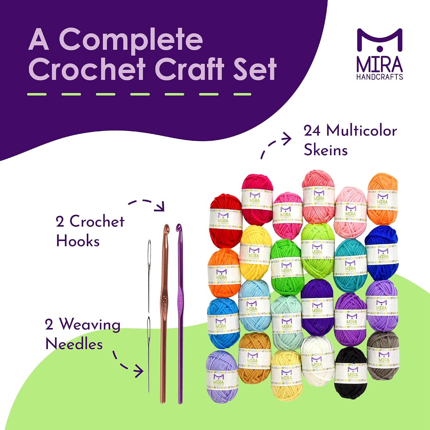 Crochet and Knitting Starter Kit for Colorful Arts and Crafts - 24 Yarn Skeins with 525 Yards of Multicolored Thread