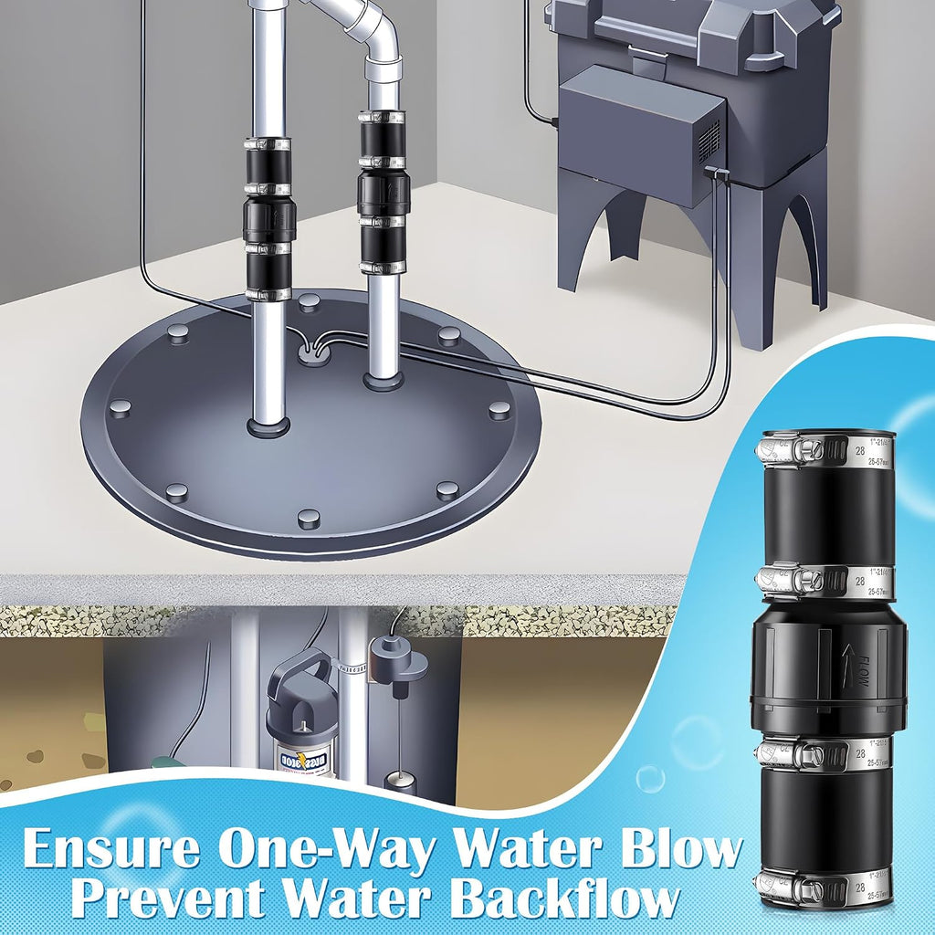 1 Pack Sump Pump Check Valve Fit 1-1/2 inch and 1-1/4 inch Pipe | Slip On Check Valve with 4 Pcs Stainless Steel Hose