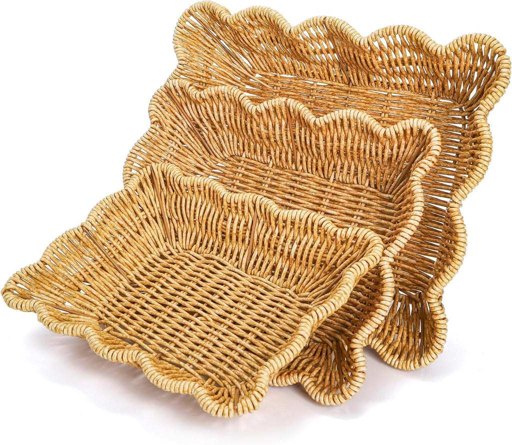 3 Pack Poly Wicker Bread Baskets, Imitation Rattan Fruit Baskets, Rectangular Tabletop Woven Serving Baskets Trays