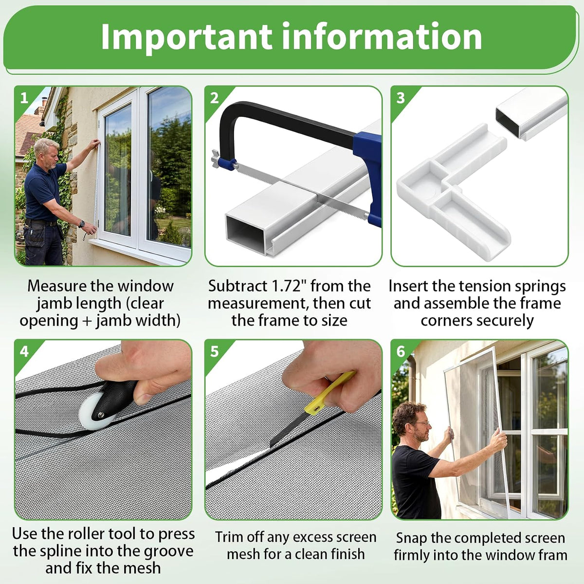 36" x 36" Window Screen Kit, 1-Pack Metal Frame Set, White