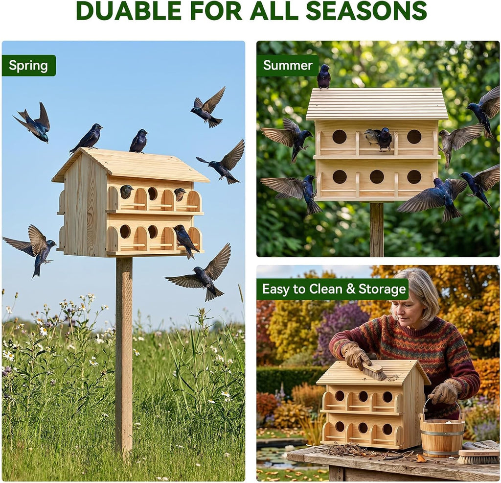 Purple Martin Bird House, 12-Room Wooden Bird Houses for Outside, Large Solid Wood Purple Martin House, Weatherproof