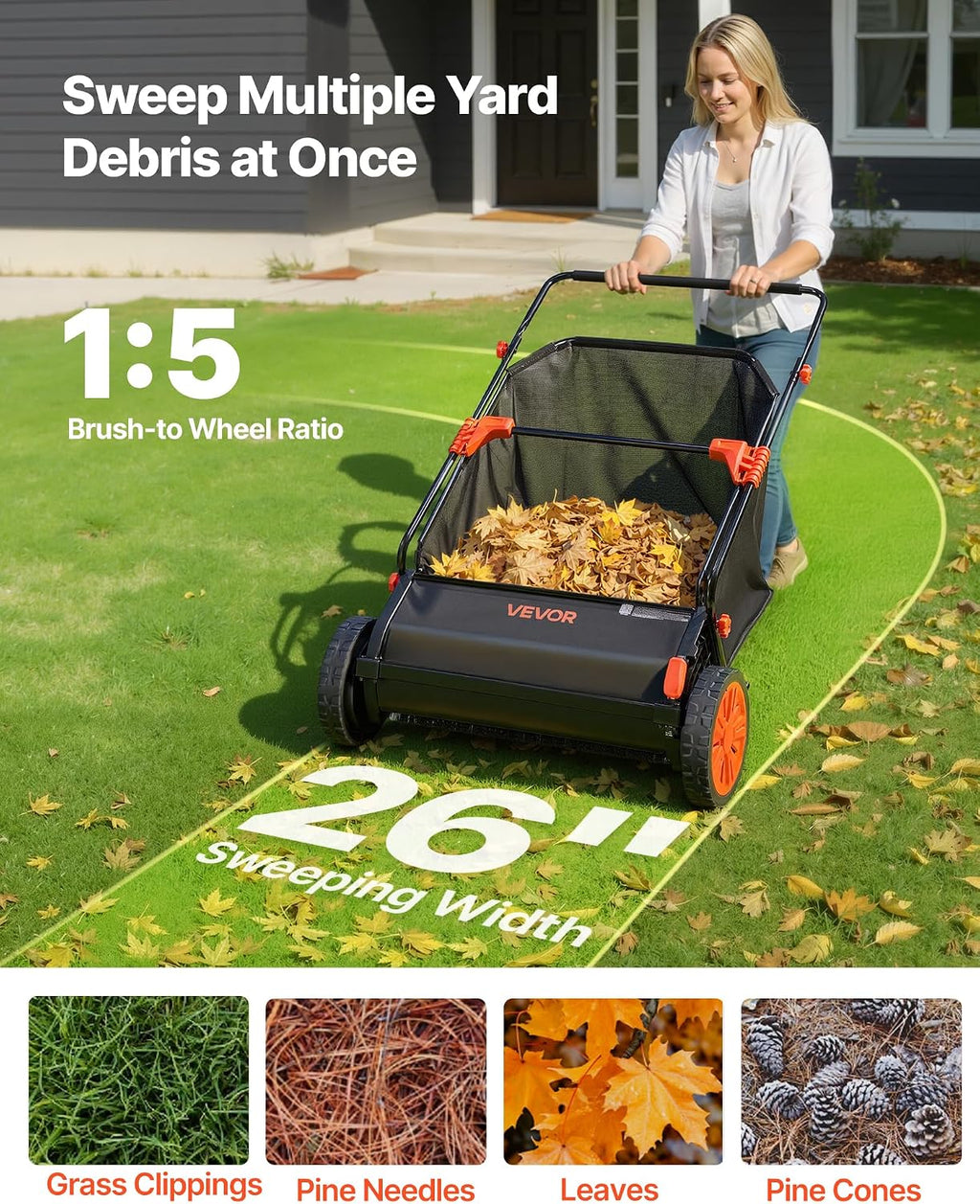 Push Lawn Sweeper 26 in Leaf & Grass Collector 7 cu. ft. Hopper Bag