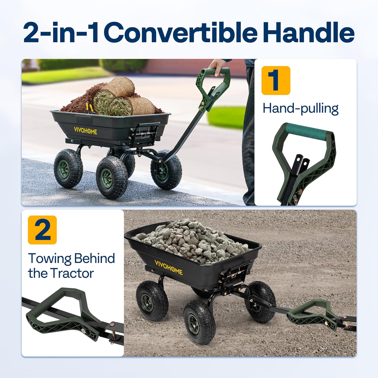 4 Cu.Ft 660lbs Wheelbarrow Garden Cart Dump Wagon with 2-in-1 Convertible Handle Attach to ATV or Tractor, 10" All