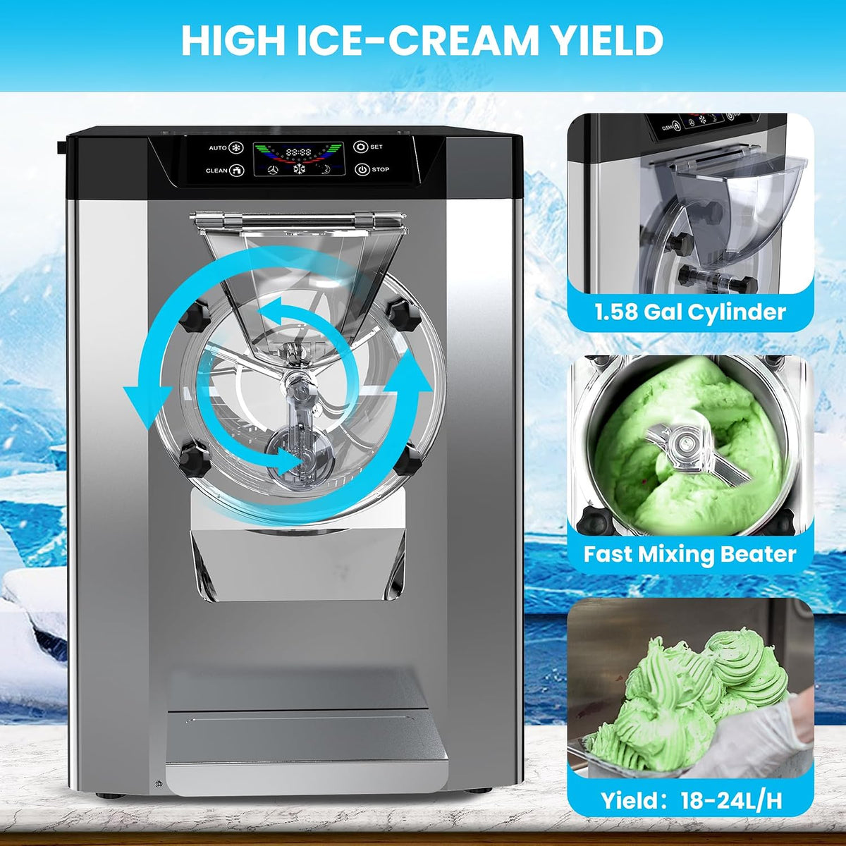 2000W Commercial Ice Cream Machine, 4.8-6.4 gal/H Single Flavor Countertop Hard Serve Ice Cream Maker, Hard Ice Cream