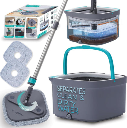 True Clean Spin Mop & Bucket System – Dual Compartment Design for Clean & Dirty Water, 360° Swivel Mop Head, Built-in