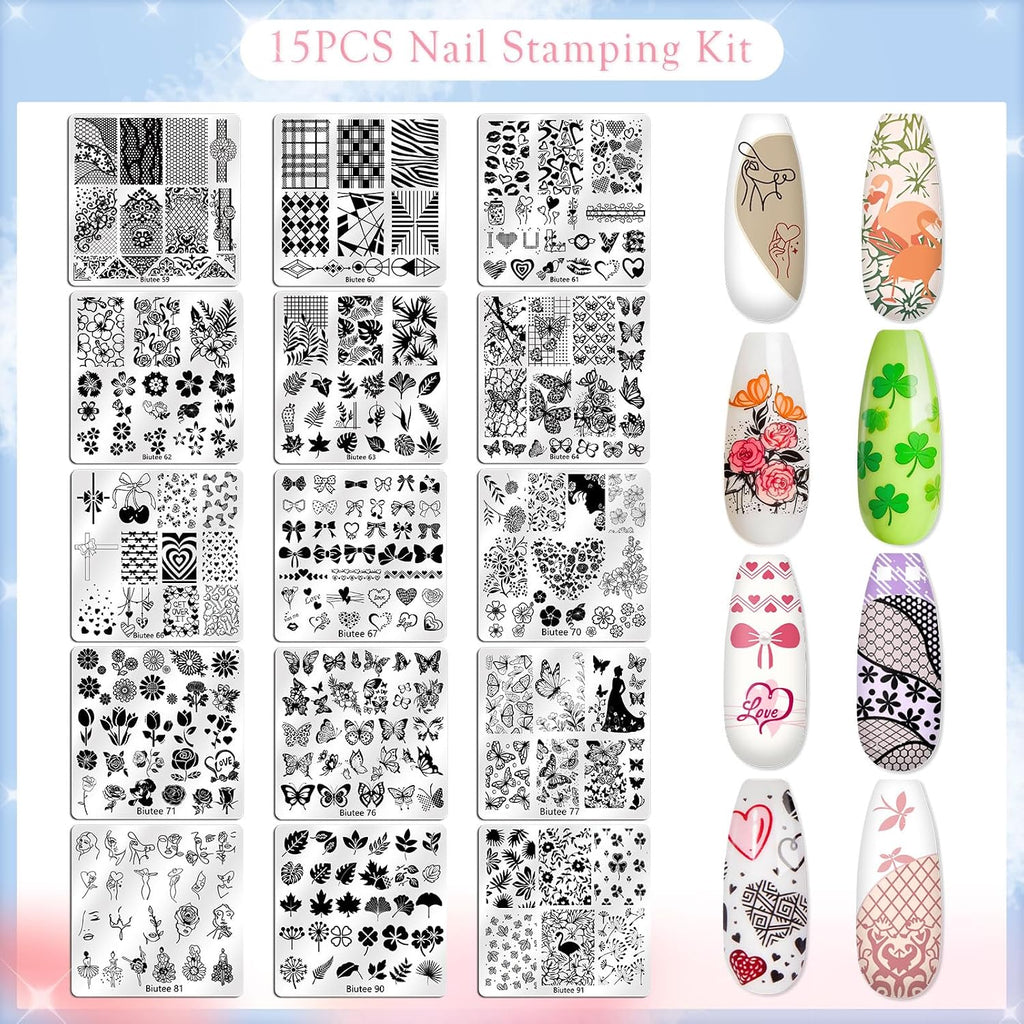 Nail Stamping Plates Set, 15PCS Nail Stamper Kit Lace Nail Stamp
