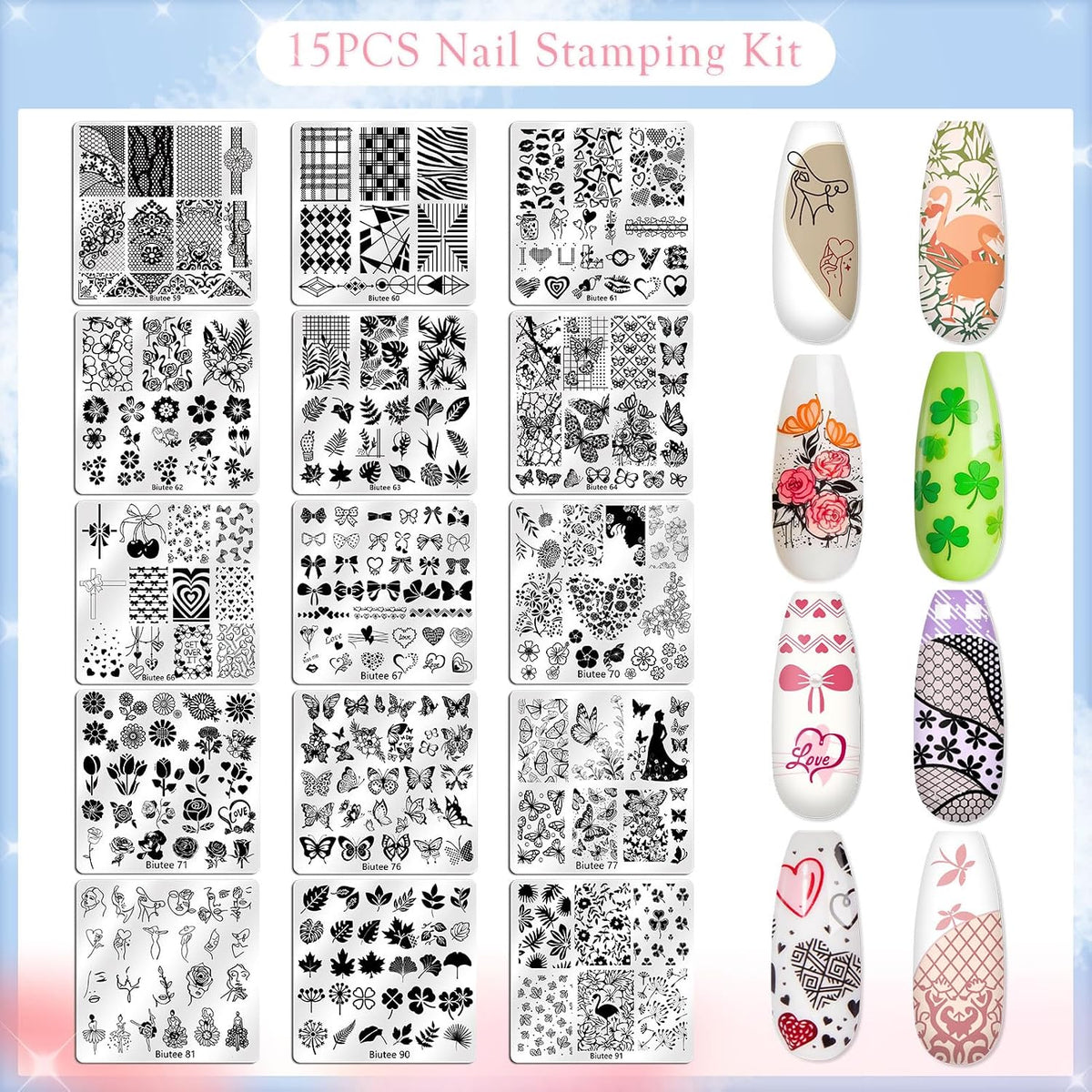 Nail Stamping Plates Set, 15PCS Nail Stamper Kit Lace Nail Stamp