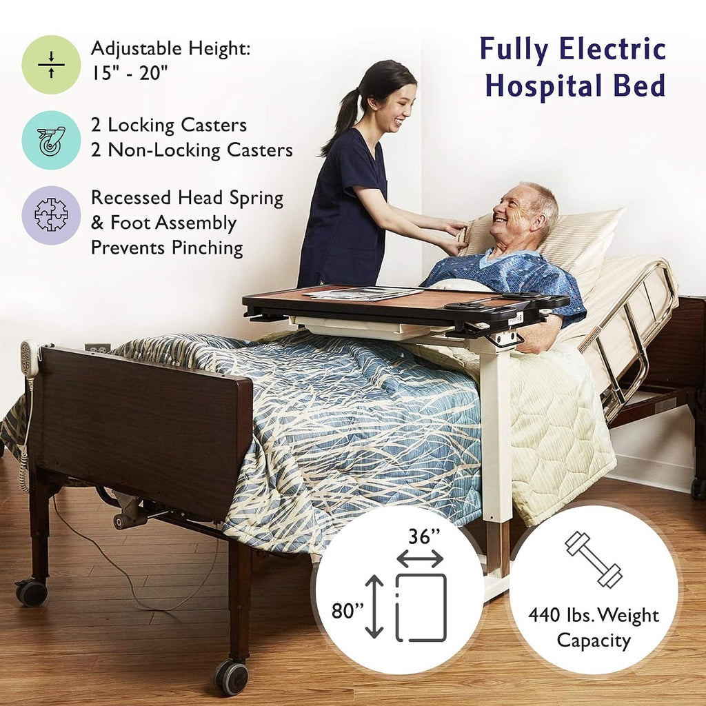 Full Electric Hospital Bed with Half Rails Included - for Home Care Use and Medical Facilities - Fully Adjustable