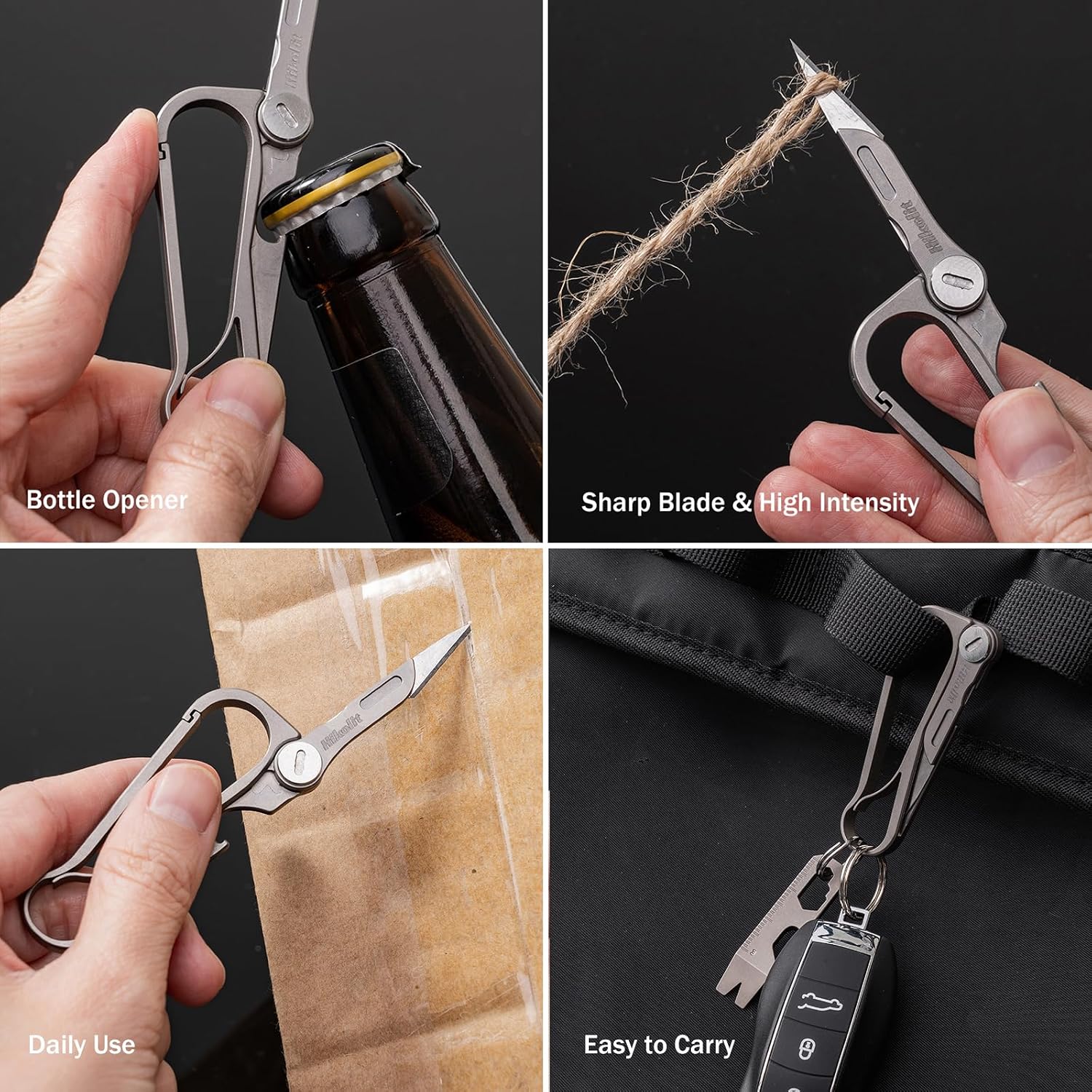 Titanium Carabiner Clip, Multifunctional EDC Carabiner Keychain with Folding Utility knife and Bottle Opener, Quick
