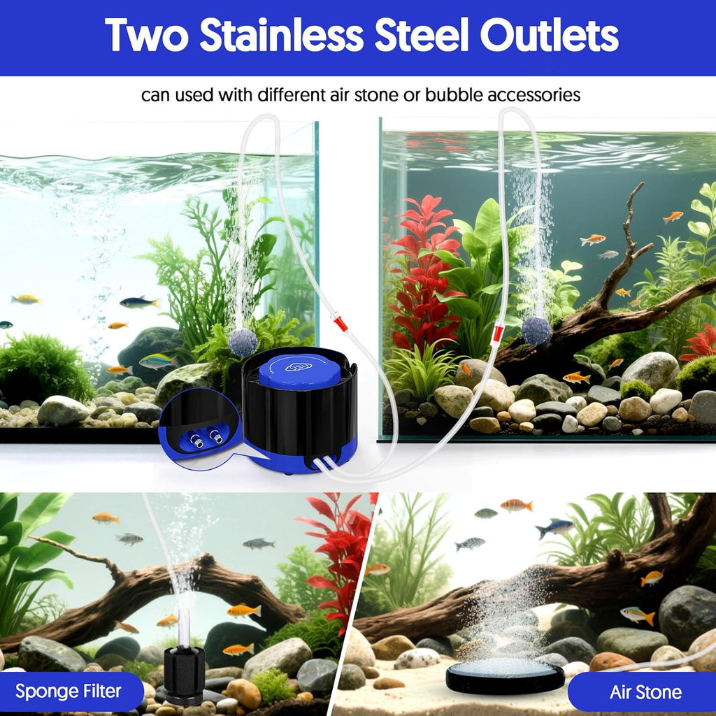 Aquarium Air Pump, Quiet Fish Tank Air Pump with Dual Outlets, 3W/5W Powerful Adjustable Oxygen Pump with