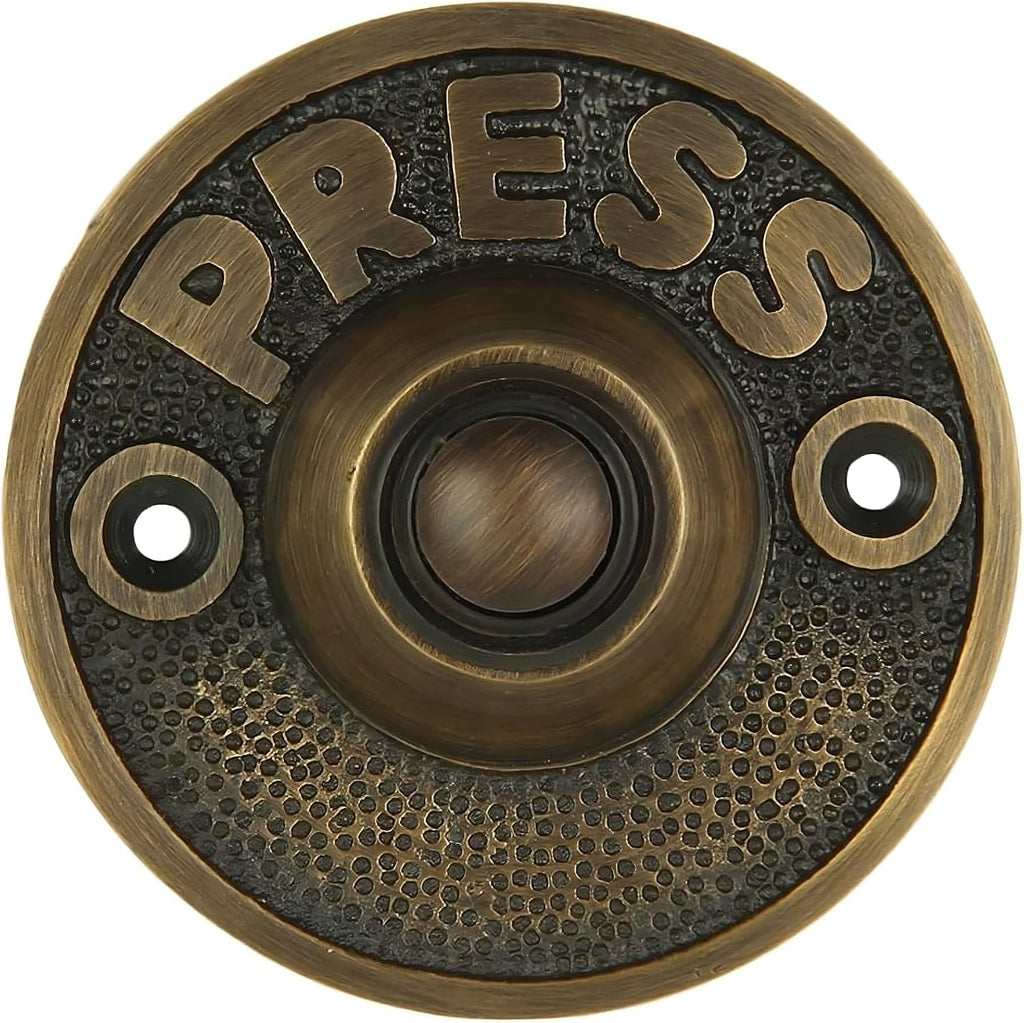 Round Doorbell Push Button, Solid Brass, Antique Brass Finish | 2 1/2 in Diameter, Decorative Push Button Doorbell