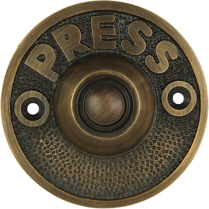 Round Doorbell Push Button, Solid Brass, Antique Brass Finish | 2 1/2 in Diameter, Decorative Push Button Doorbell