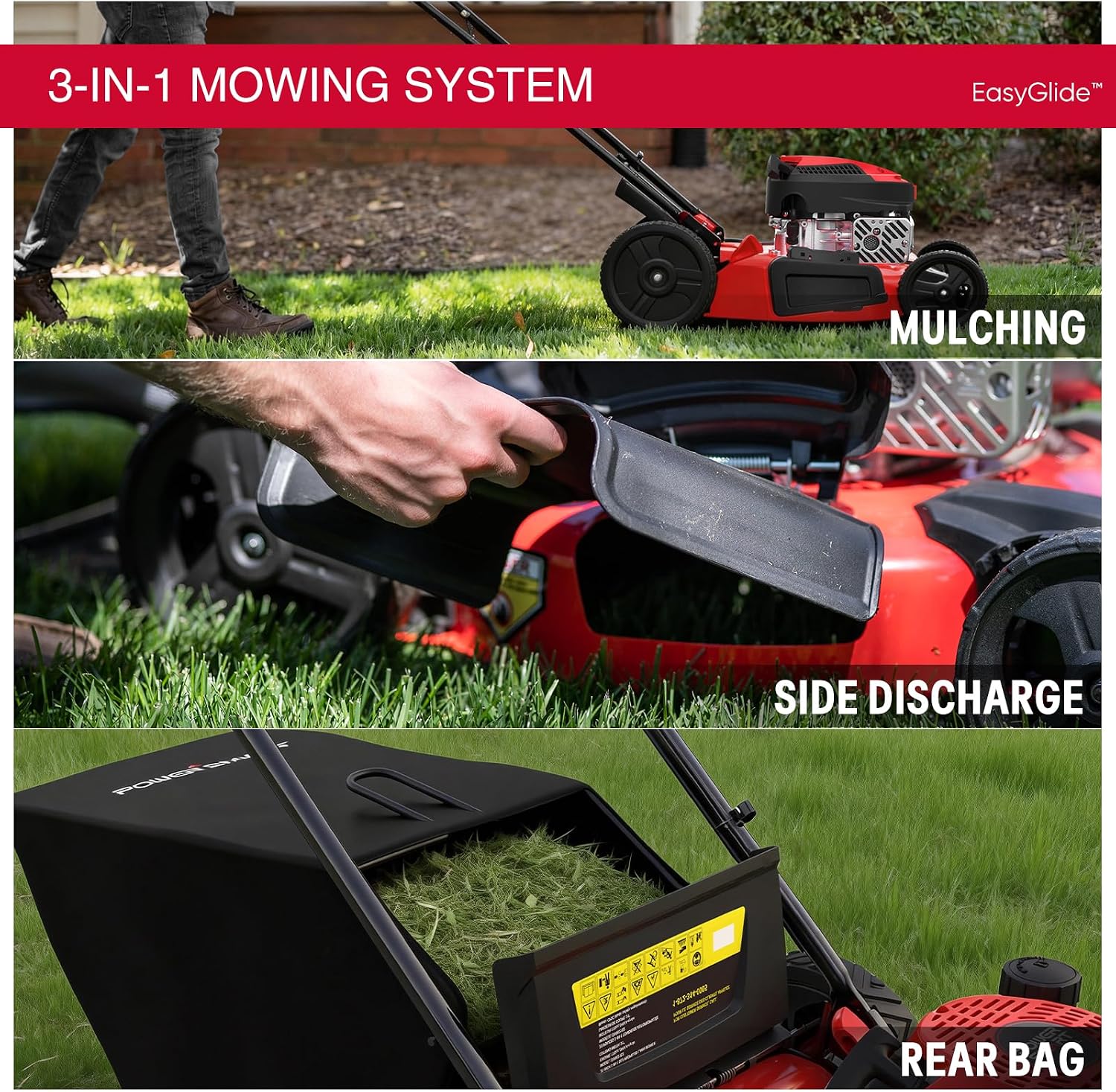 EasyGlide 21-Inch Gas Lawn Mower, 144cc 4-Stroke OHV Engine, Push Walk-Behind, 3-in-1 Mulch/Bag/Side Discharge, Steel