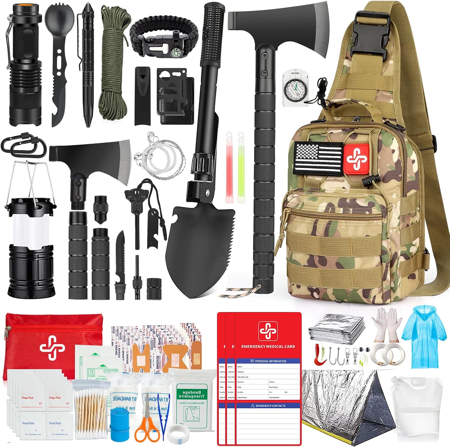 Survival Kit, 262Pcs Survival Gear and Supplies with First Aid Kit Pouch and Crossbody Bag, Emergency Kit with Tent
