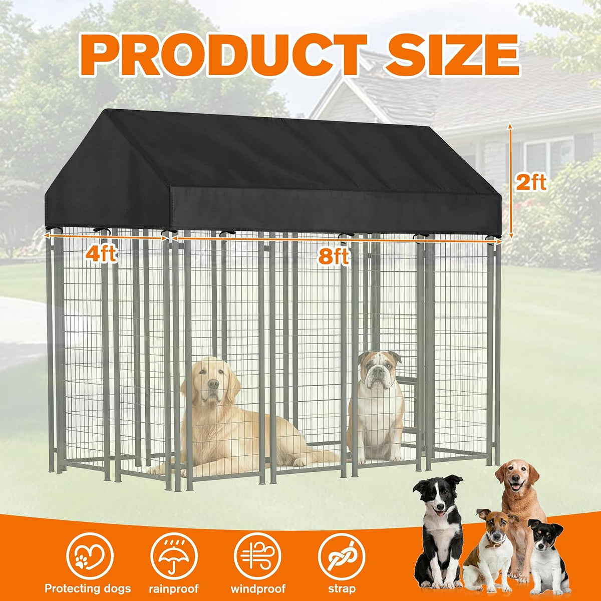 4'W X 8'L Waterproof Dog Kennel Cover Outdoor 600D Oxford Fabric Dog Kennel Roof with Silver UV-Protective Coating