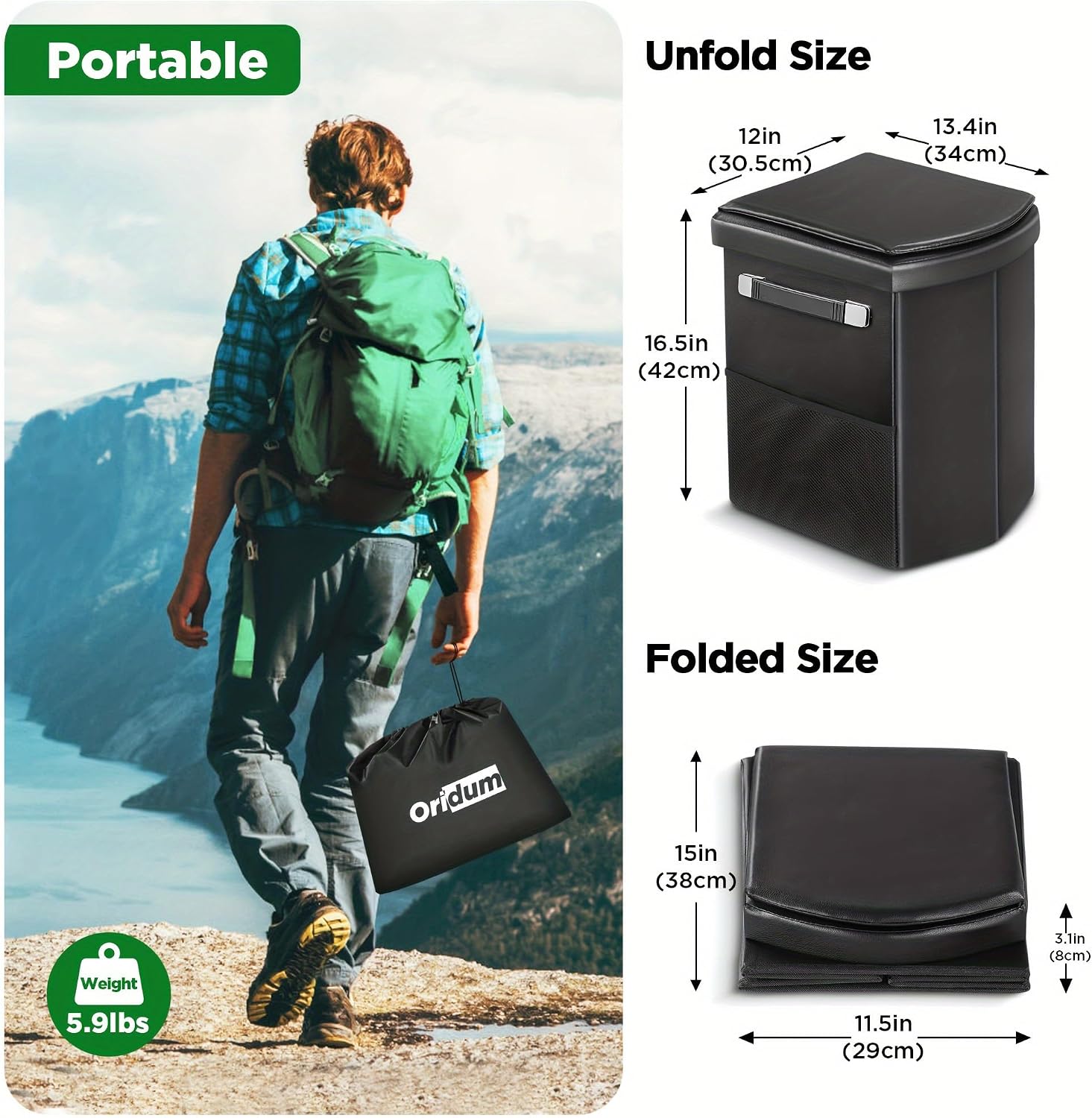Portable Toilet for Adults, Foldable Camping Toilet with Soft & Comfortable Leather Seat,Hold Up to 400lbs, Height