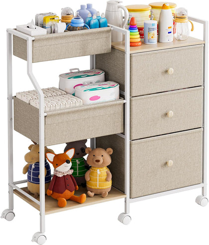 Baby Organizer and Storage - 3 Tier Rolling Cart with Dividers and Drawers, Easy To Assemble, Mobile Utility Cart