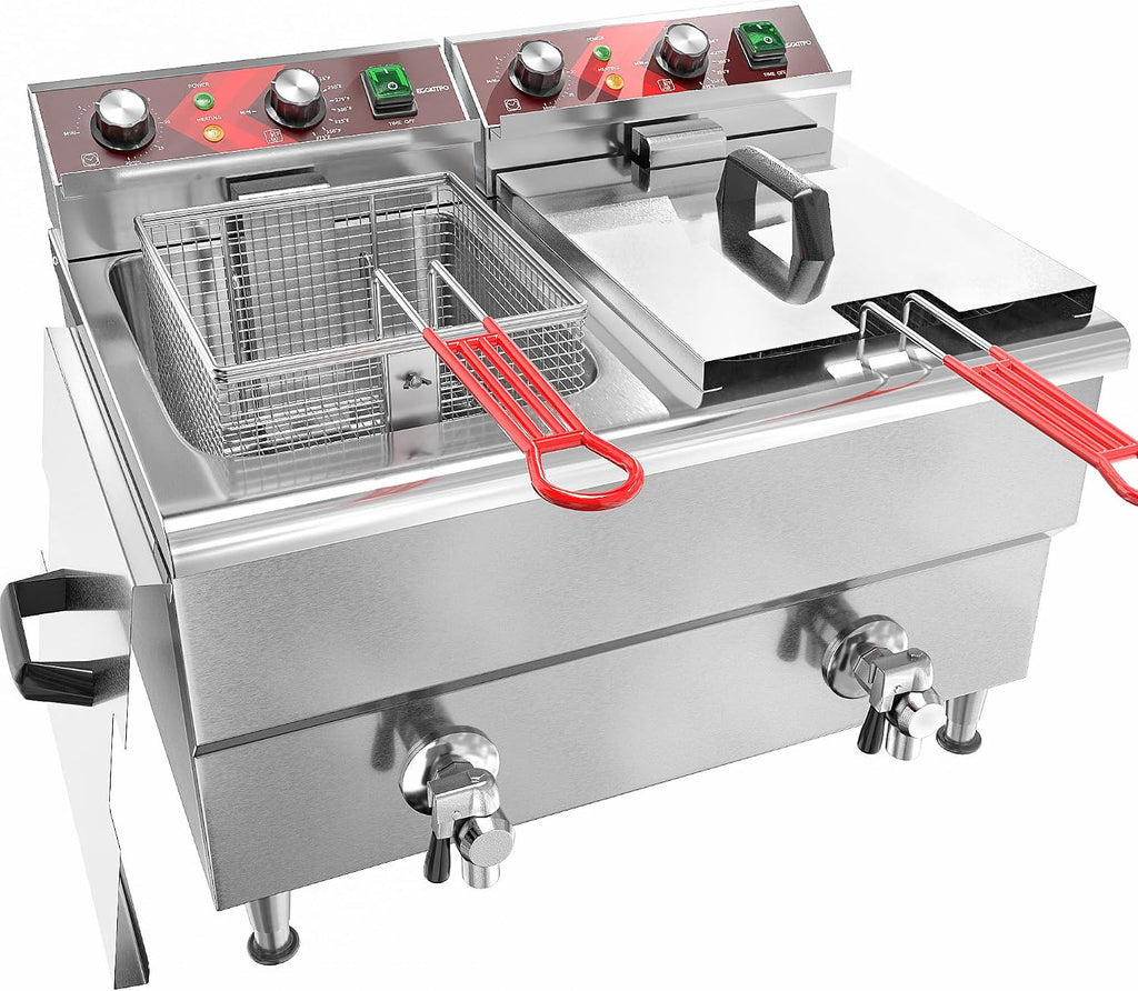 Commercial Fryer Stainless Steel Electric Deep Fryer with Oil Filtration and Timer 24L Large Capacity Dual Tank Fryer