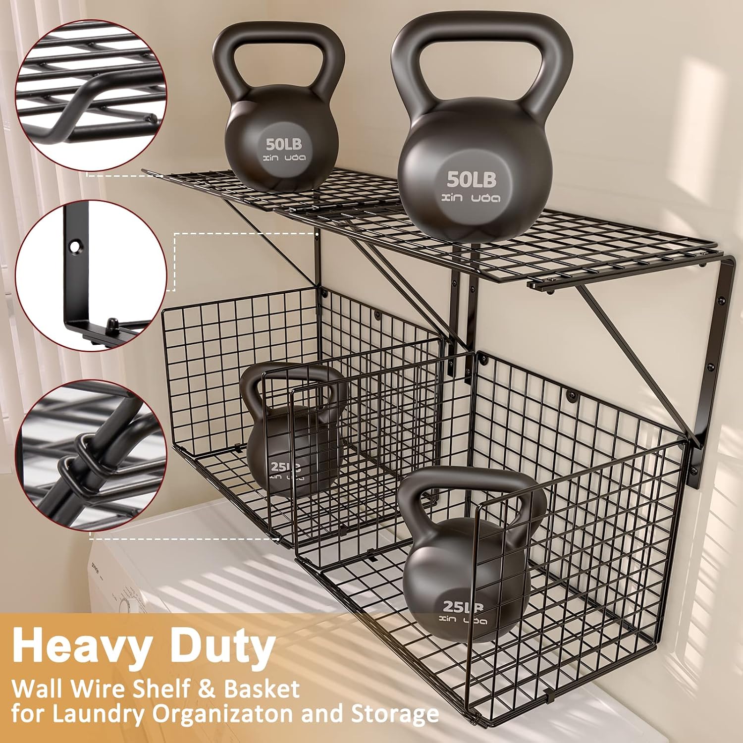 2 Pack Laundry Room Shelves, Wire Baskets with 8 Hooks, Over Washer and Dryer Shelf, Wall Mounted Storage and Clothes