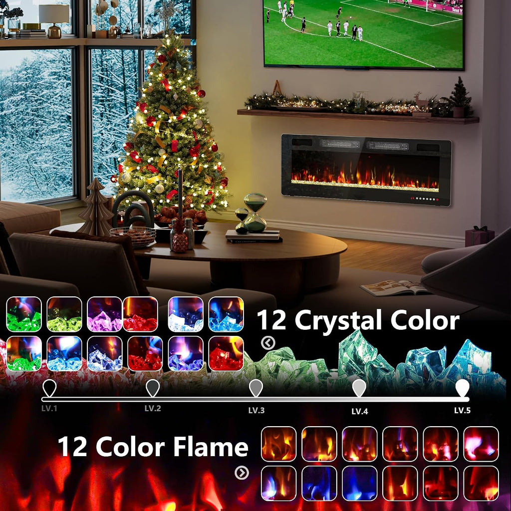 50" Electric Fireplace Recessed Wall Mounted, Ultra Thin Linear Fireplace Inserts,12 Flame Colors, Timer, Remote &