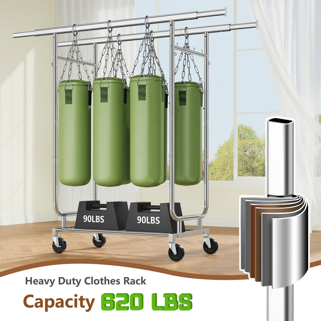 Heavy Duty Rolling Clothes Rack, 620 LBS Load Double Rod Adjustable Garment Rack with Storage Shelf, Portable