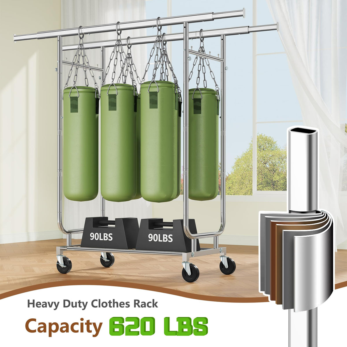 Heavy Duty Rolling Clothes Rack, 620 LBS Load Double Rod Adjustable Garment Rack with Storage Shelf, Portable