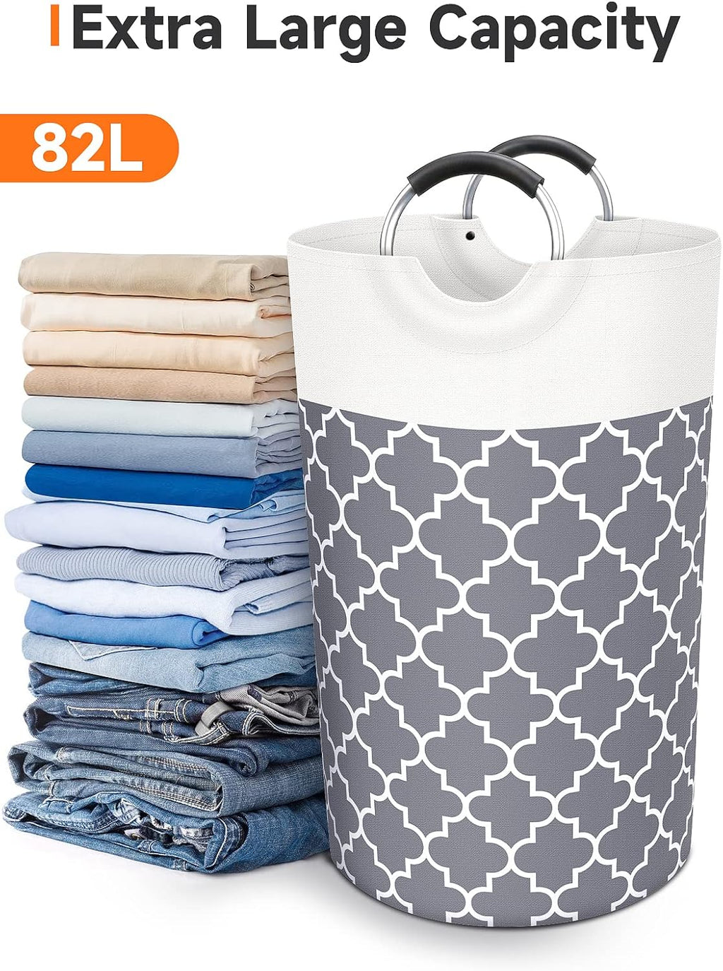 Large Laundry Basket 82L Tall Collapsible Hamper with Handles for Dorm Grey | Freestanding Laundry Hamper, Waterproof