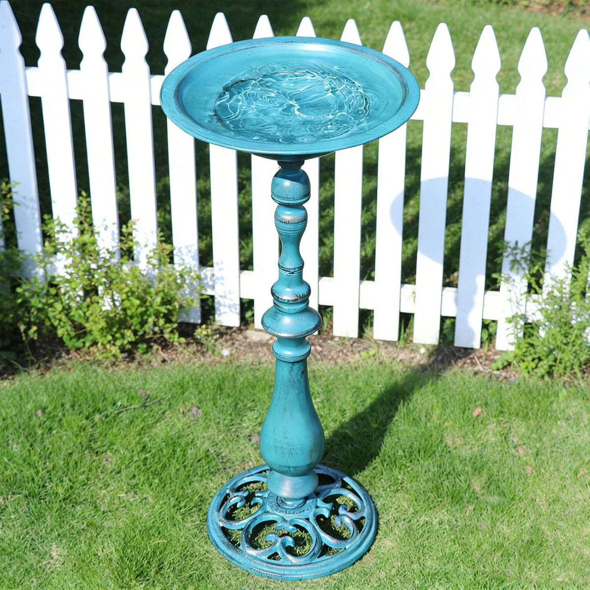 26.6"H Cast Iron Pedestal Bird Bath,Metal Birdbath for Outdoors (Blue)