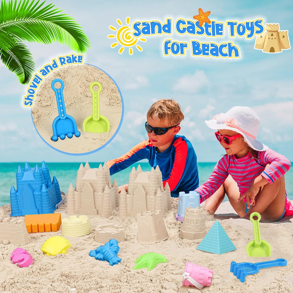 Beach Toys with Castle Bucket, Sand Molds for Kids Ages 3-12 | 2 Mini Bucket, Shovel and Rake for Sand Castle Play