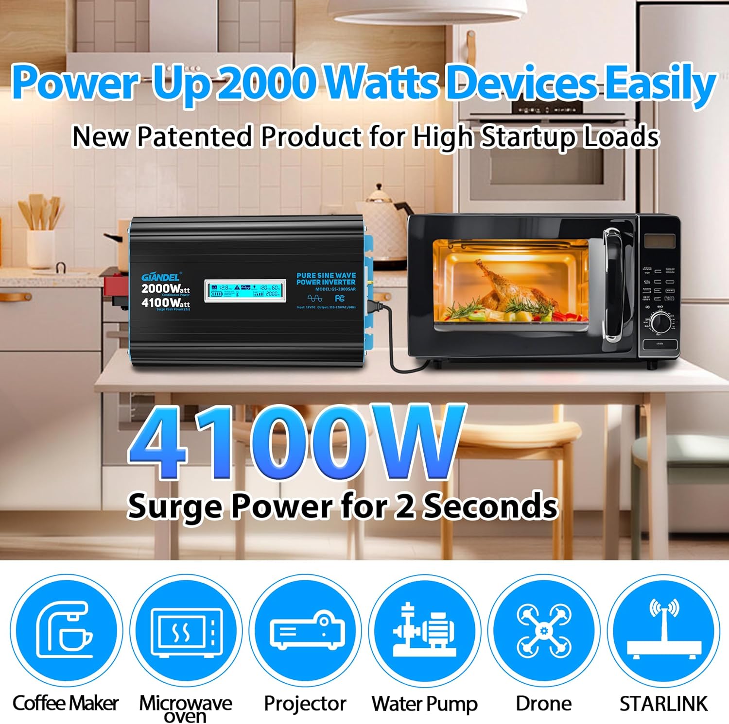 2000 Watt Pure Sine Wave Power Inverter 12V DC to 120V AC,4100W Surge Peak Power,UL Listed GFCI Outlets,FCC