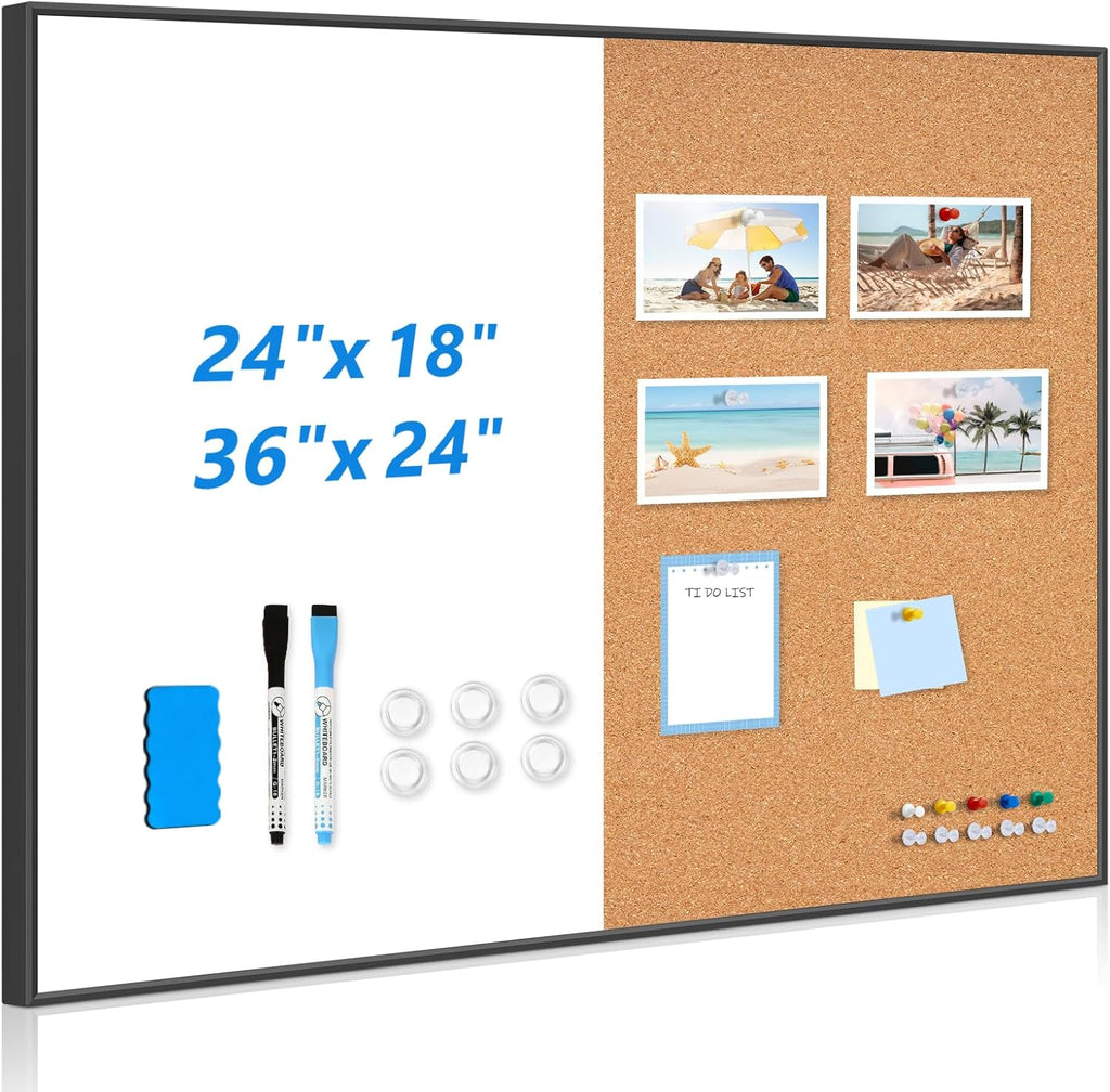 White Board Cork Board Combo, 24" x 18" Magnetic Dry Erase Board & Corkboard for Wall, Bulletin Board Vision Board