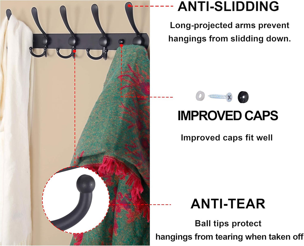 Coat Rack Wall Mounted - 5 Tri Hooks, Heavy Duty, Stainless Steel, Metal Coat Hook Rail for Coat Hat Towel Purse