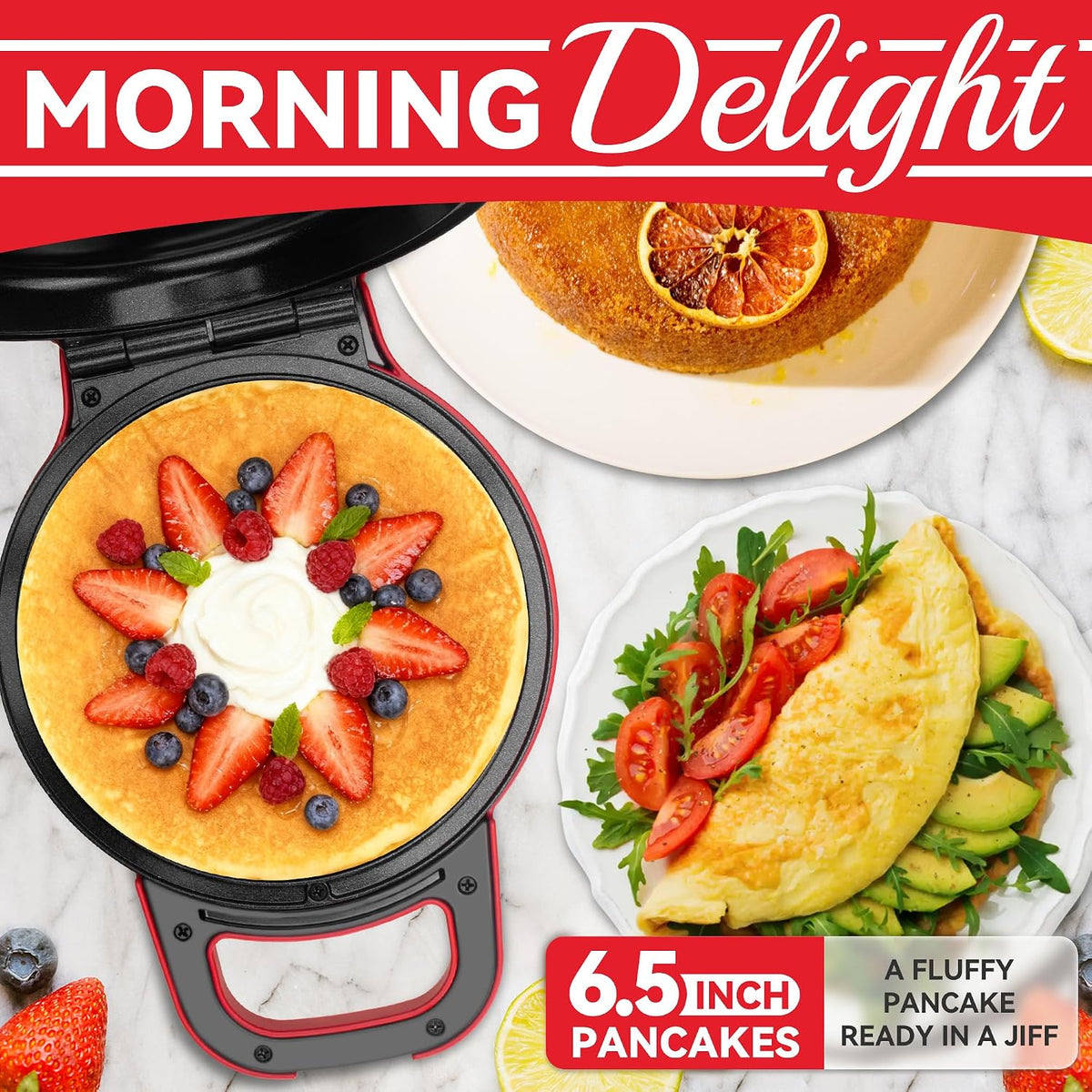 Flip Pancake Maker Machine, Ceramic Coated Pancake Pan for 6.5 Inch Pancakes, Omelette, Crepe & Quesadilla, Frittata