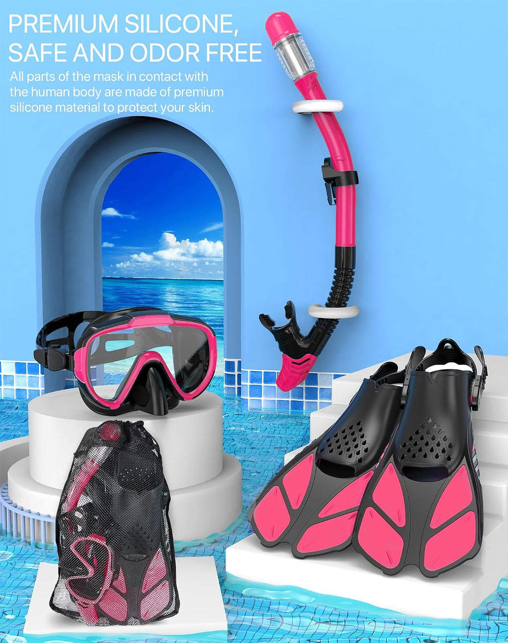 Snorkeling Gear for Adults Men Women,4 in 1 Snorkel Set with Panoramic View Diving Mask Anti-Fog Anti-Leak,Dry Top