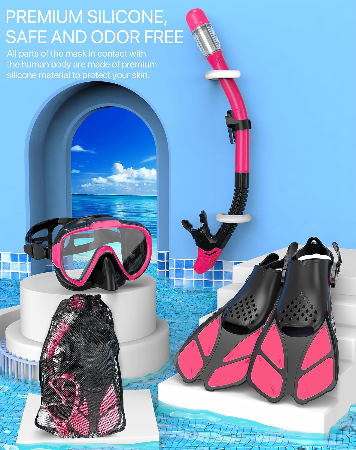 Snorkeling Gear for Adults Men Women,4 in 1 Snorkel Set with Panoramic View Diving Mask Anti-Fog Anti-Leak,Dry Top