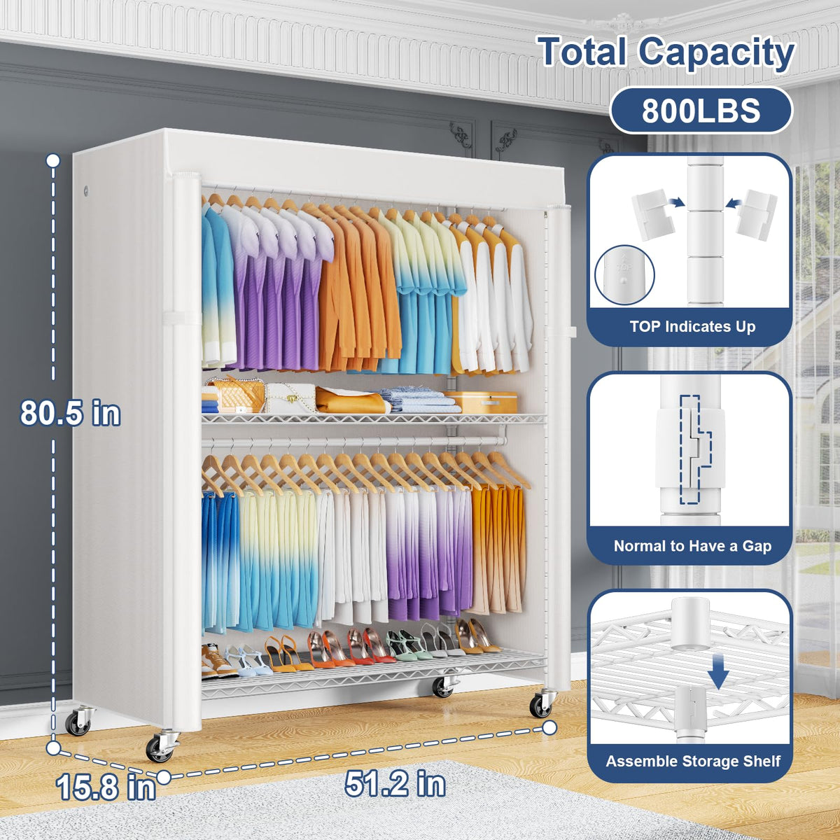 P8C Max Heavy Duty Clothes Rack（With Extended Width Design） Rolling Clothing Racks for Hanging Clothes with Lockable