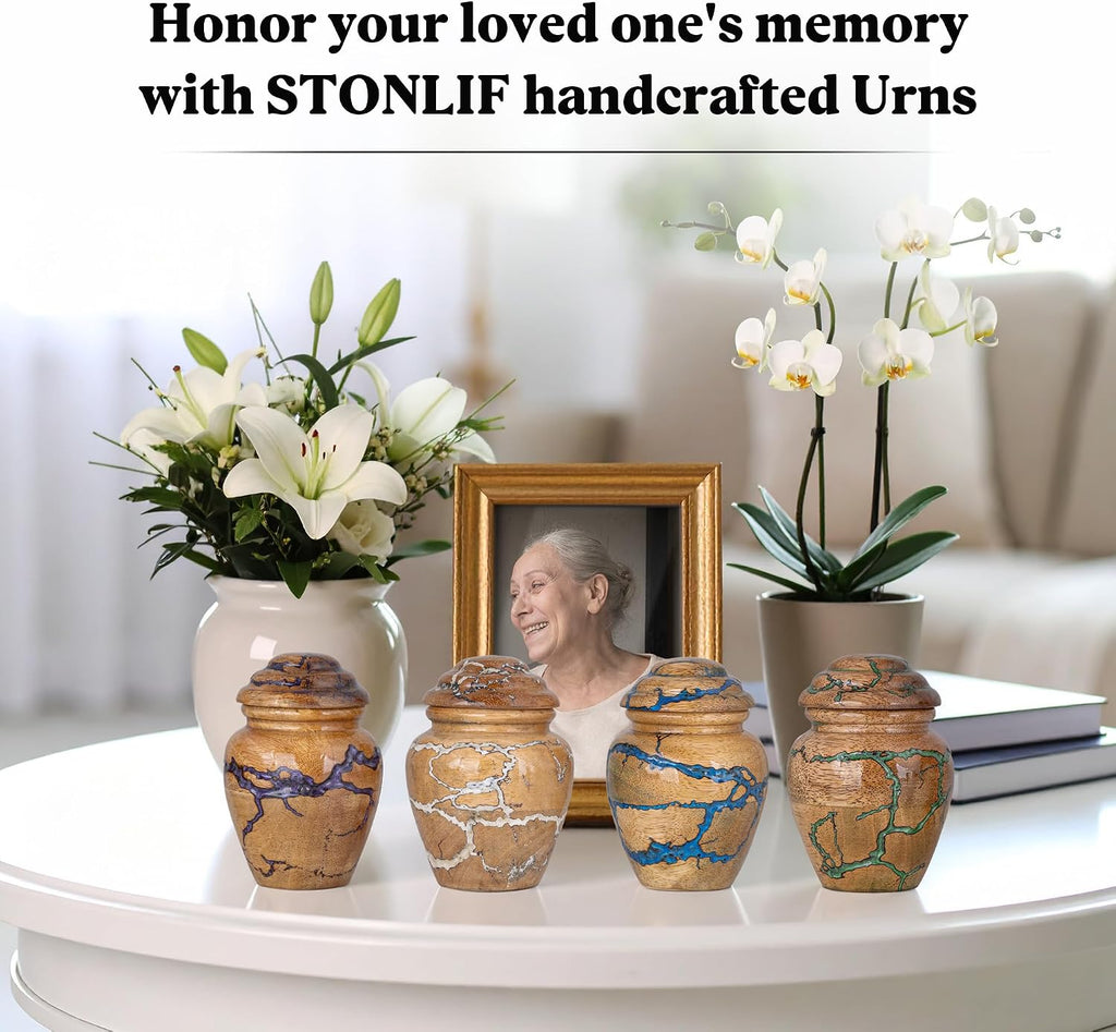 Blue Resin Wood Cremation Urns Multi-Pack - 3 Cubic Inch Thunderstorm Keepsake Set of 4 - Small Epoxy Memorial