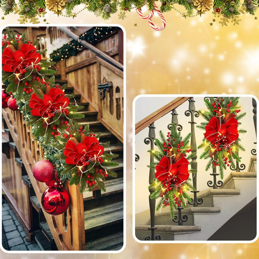 3 Pack Artificial Christmas Teardrop Swags 24" Xmas Cordless Prelit Stairway Swag Christmas Garland Stairs Rails