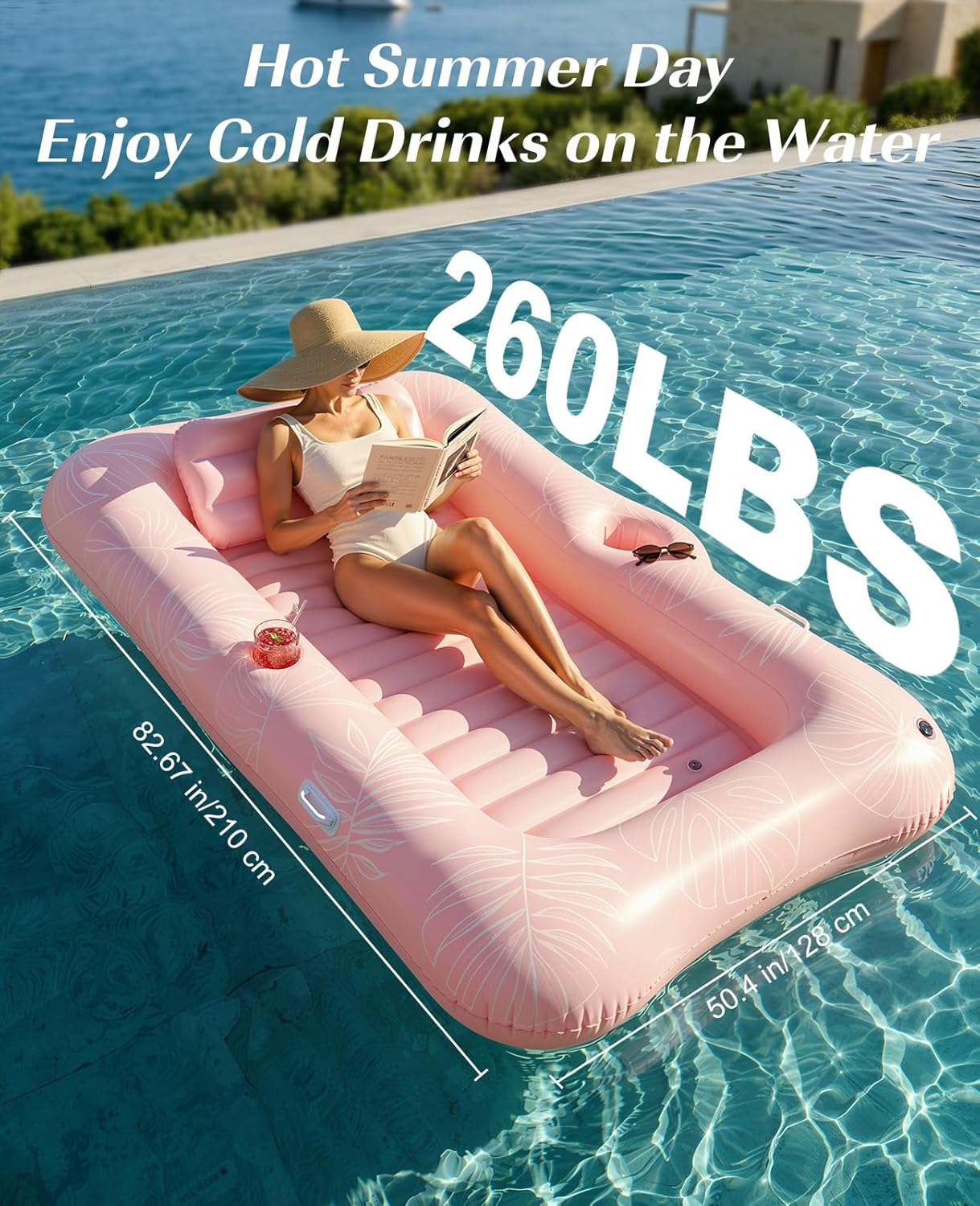 Inflatable Tanning Pool Lounger Float, Suntan Tub for Adults, Blow Up Sunbathing Pool with Integrated Pillow and Cup