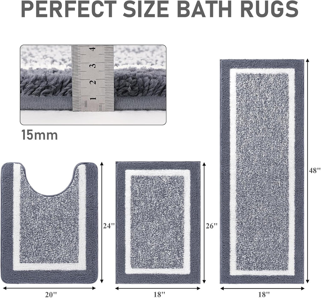Bathroom Rugs 3 Piece Set, Non Slip Washable Bath Mat, Dark Grey | Soft Plush Microfiber, Super Absorbent Floor