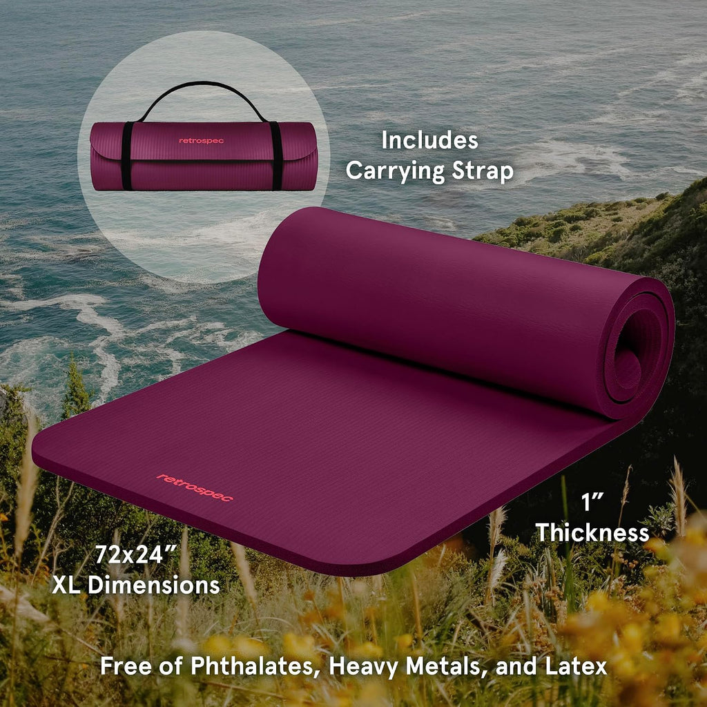 Solana Yoga Mat 1" Thick w/Nylon Strap for Men & Women - Non Slip Exercise Mat for Home Yoga, Pilates, Stretching