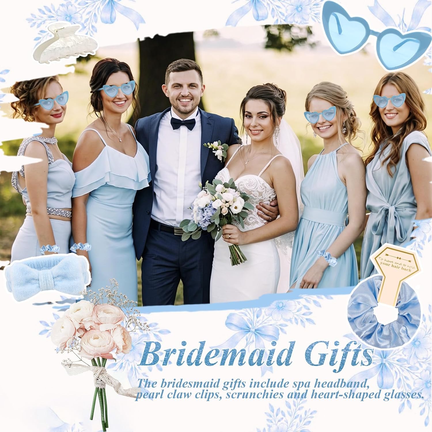 4PCS Bridesmaid Proposal GiftsSatin Hair Scrunchies Heart Sunglasses Spa Headband Acrylic Claw Clips Bachelorette
