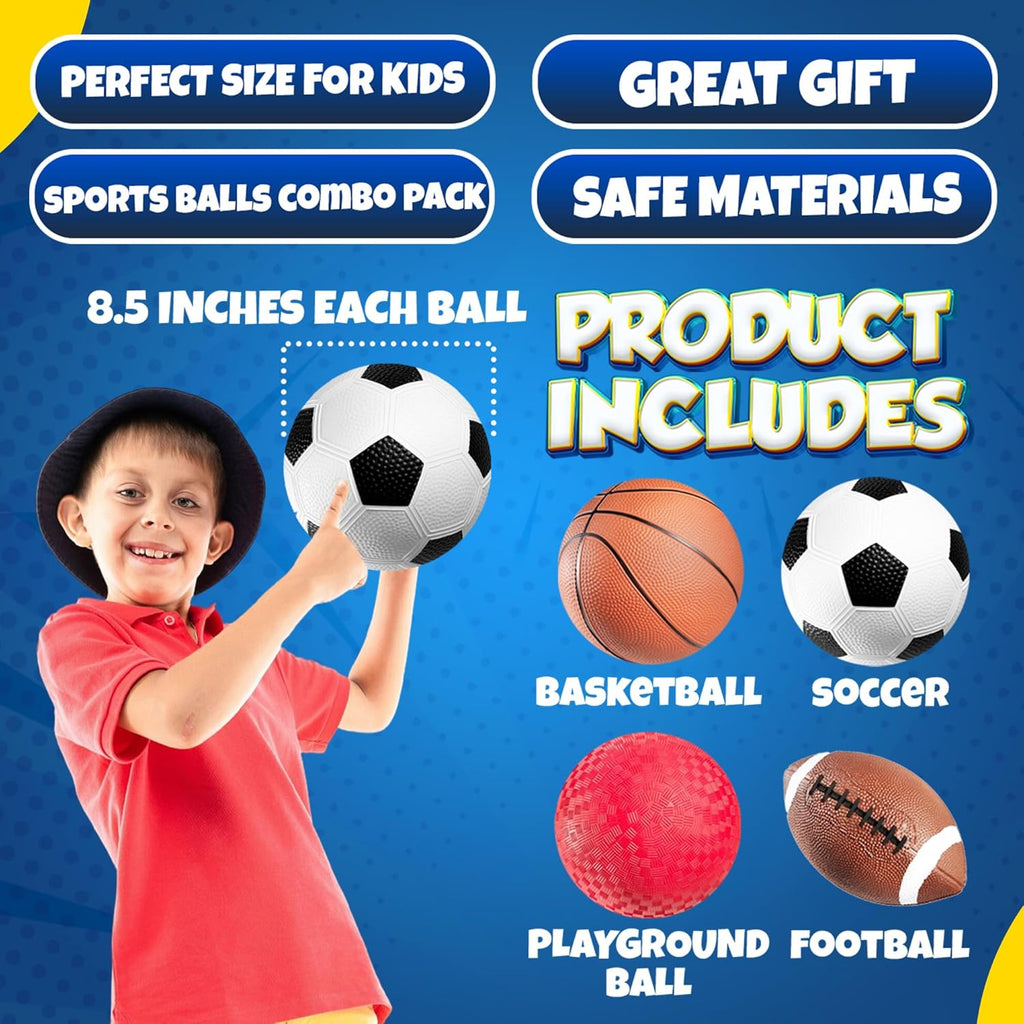Sports Balls for Kids & Toddlers - (Pack of 4) 5-inch Sports Set Includes Football, Small Size Soccer, Basketball